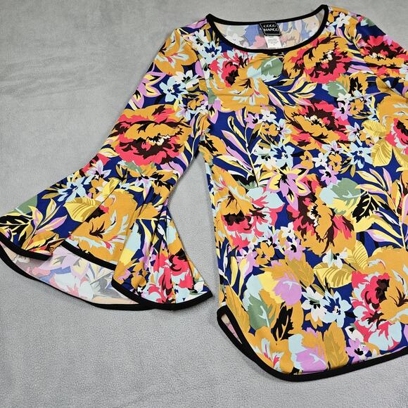 Coco Bianco Blouse Womens Petite L Bell Sleeve Top Feminine Career Boho Colorful - Picture 2 of 9